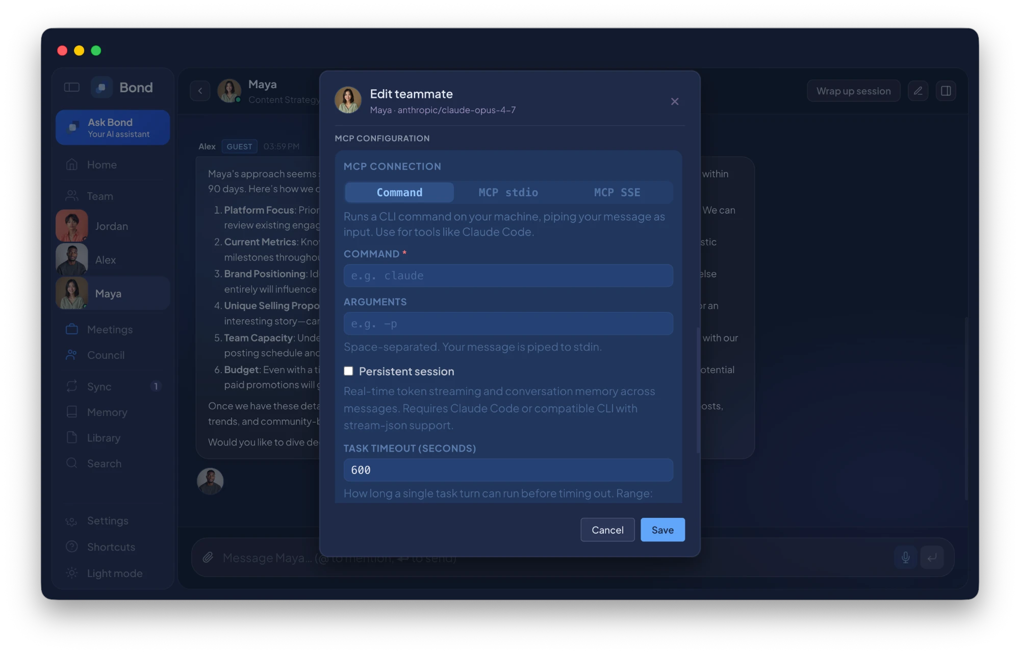 Lorah — Teammate edit modal showing MCP Connection in Command mode