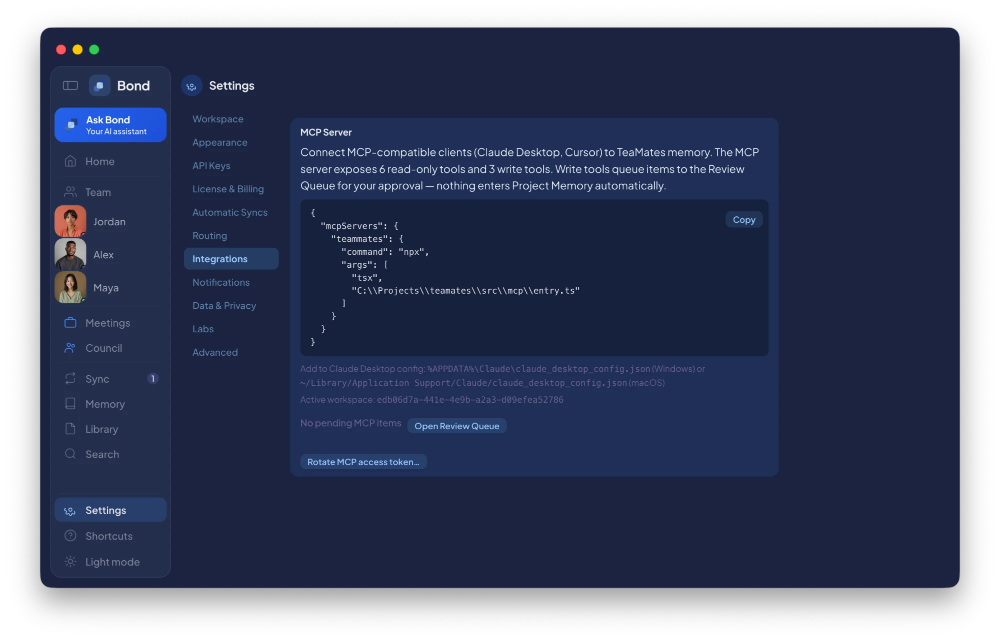 Lorah — Settings → Integrations → MCP Server panel