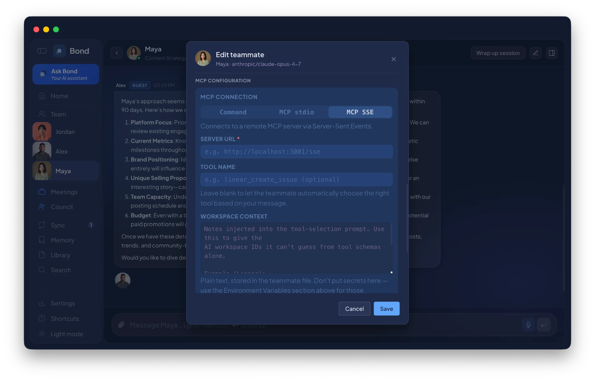 Lorah — Teammate edit modal showing MCP Connection in MCP SSE mode with Server URL, Tool name, and Workspace Context
