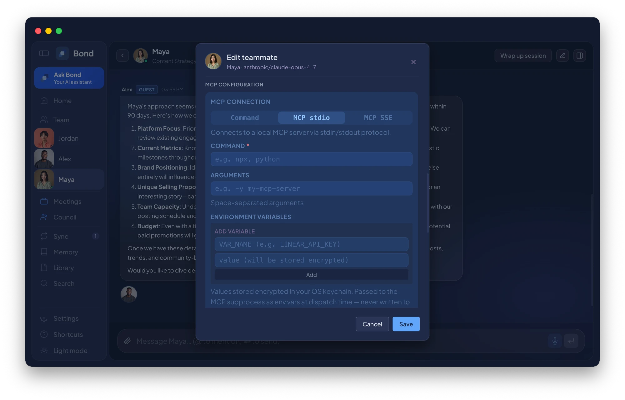 Lorah — Teammate edit modal showing MCP Connection in MCP stdio mode with Environment Variables
