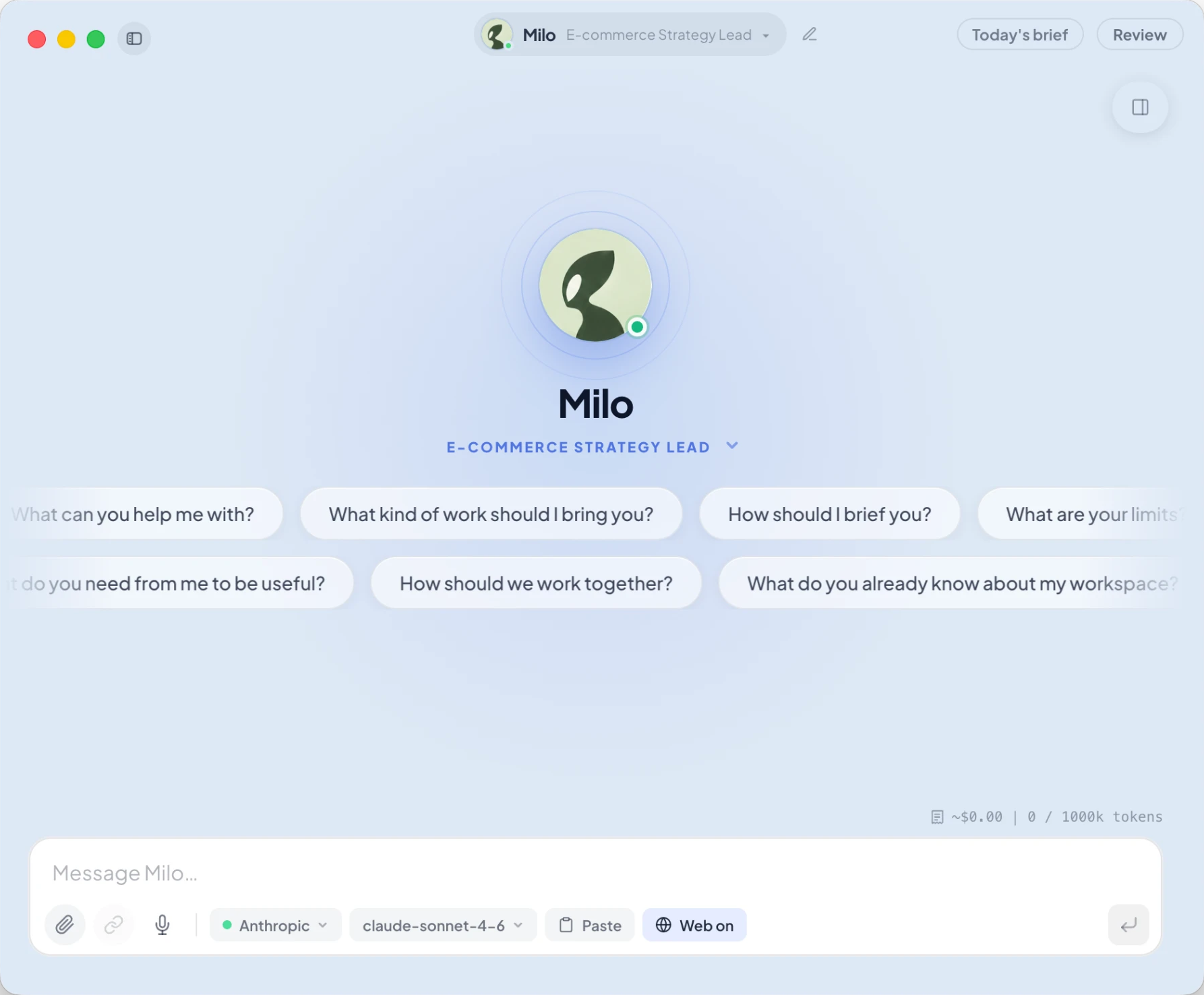 An empty Lorah chat: the teammate's portrait, name and role, starter questions, and the message box with attach, link, voice, provider, model, Paste and Web controls