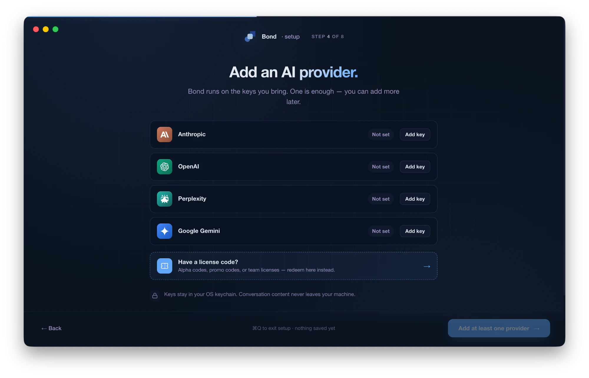 Lorah onboarding — Add an AI provider (Anthropic, OpenAI, Perplexity, Google Gemini)