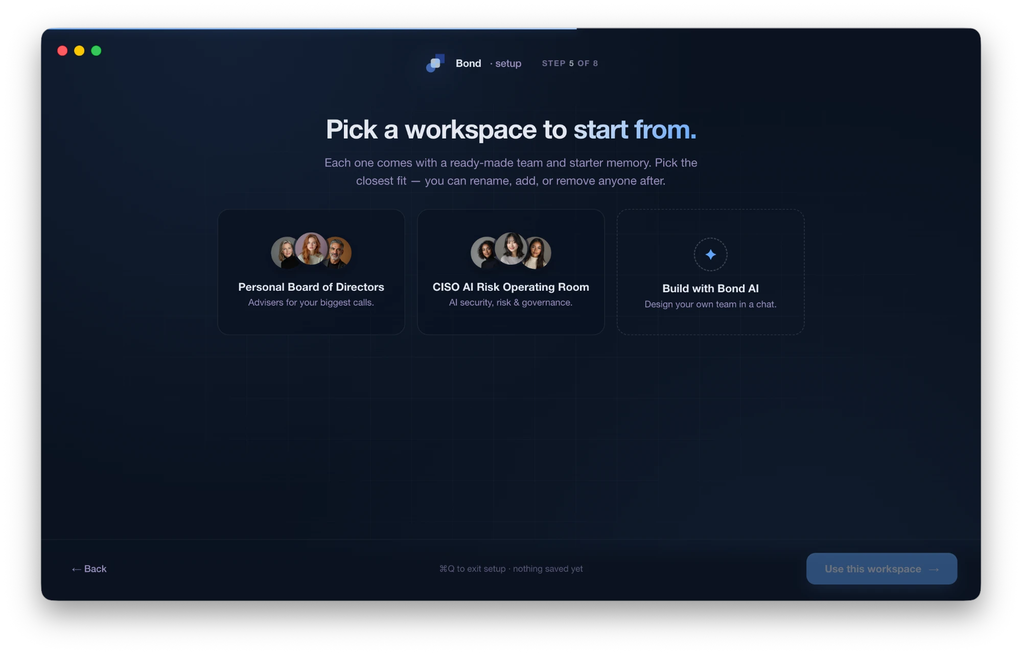 Lorah onboarding — Pick a workspace to start from (Personal Board of Directors, CISO AI Risk Operating Room, Build with Lorah AI)