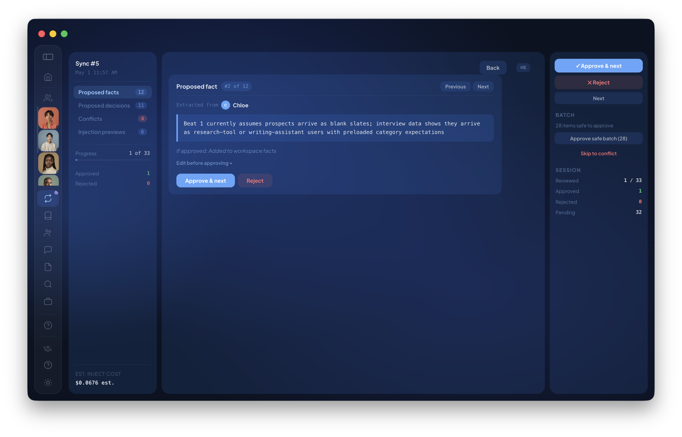 Lorah Sync Review queue showing a proposed fact extracted from a teammate, with Approve and Reject controls
