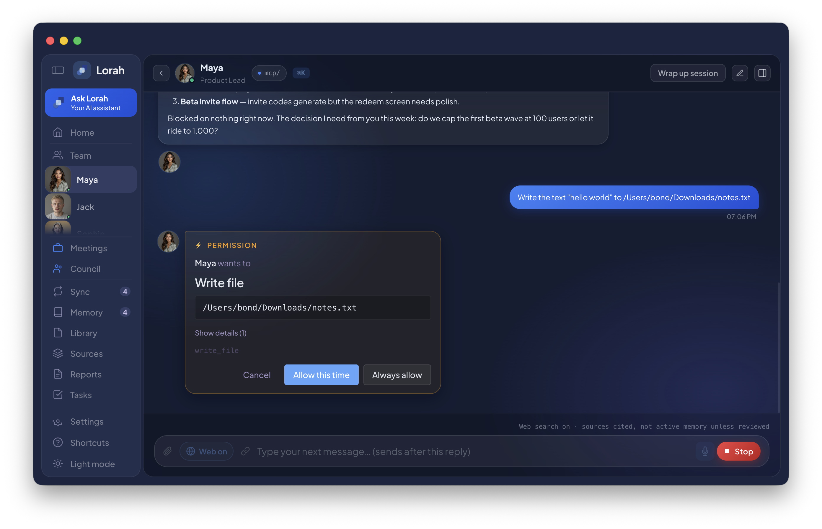 Lorah chat with a permission bubble asking the user to allow a teammate to write a file